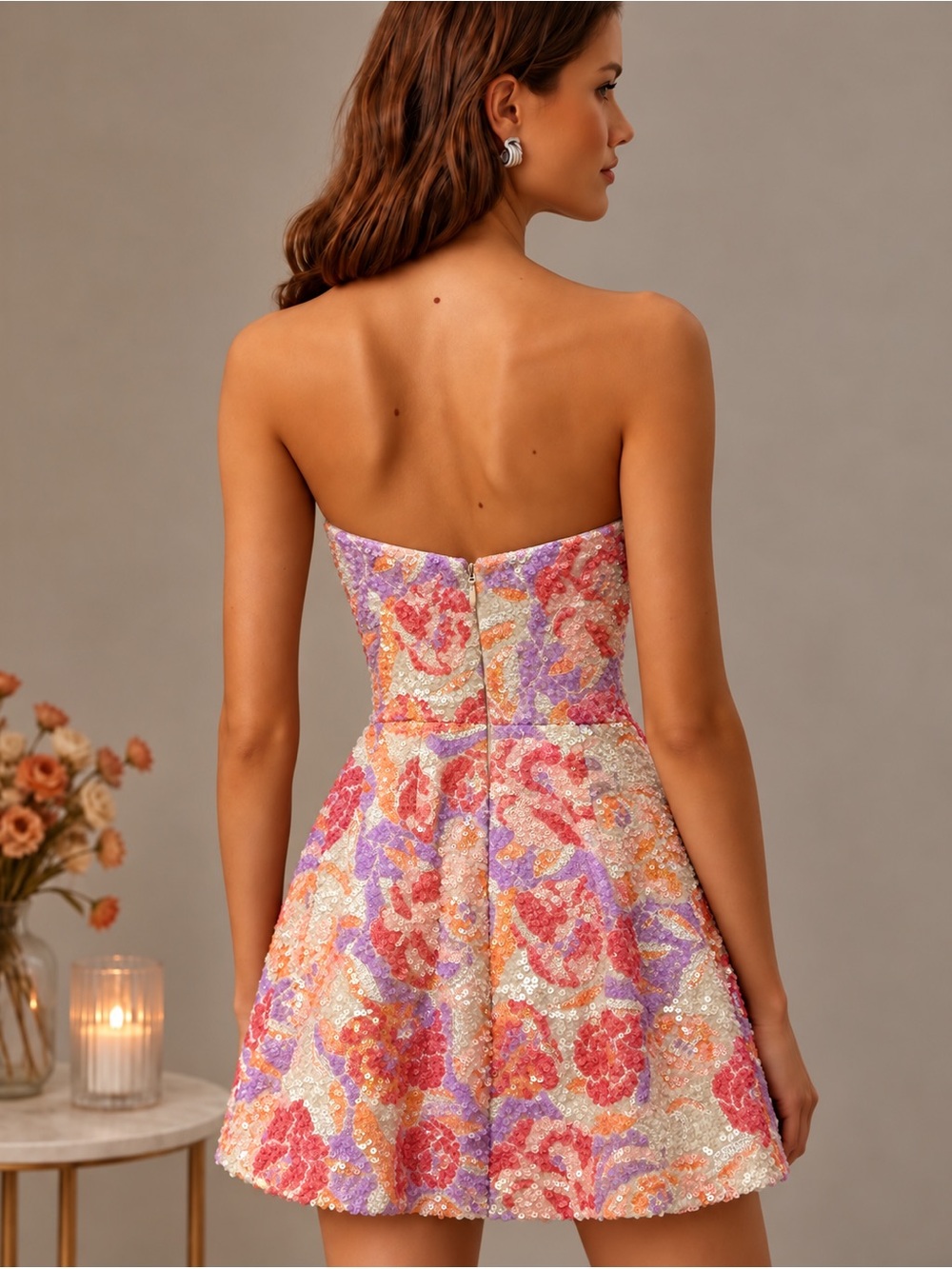 Helsi Cindy Strapless Sequin Floral Cocktail Dress in Multicolor size XS